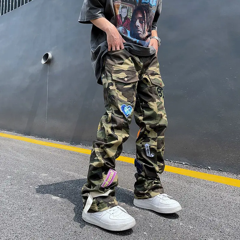 High Street Camouflage Patch Bestickte Jeans männer Flut Marke Amerikanischen Straße Hip-Hop Lose Gerade Beiläufige Overalls Trendy