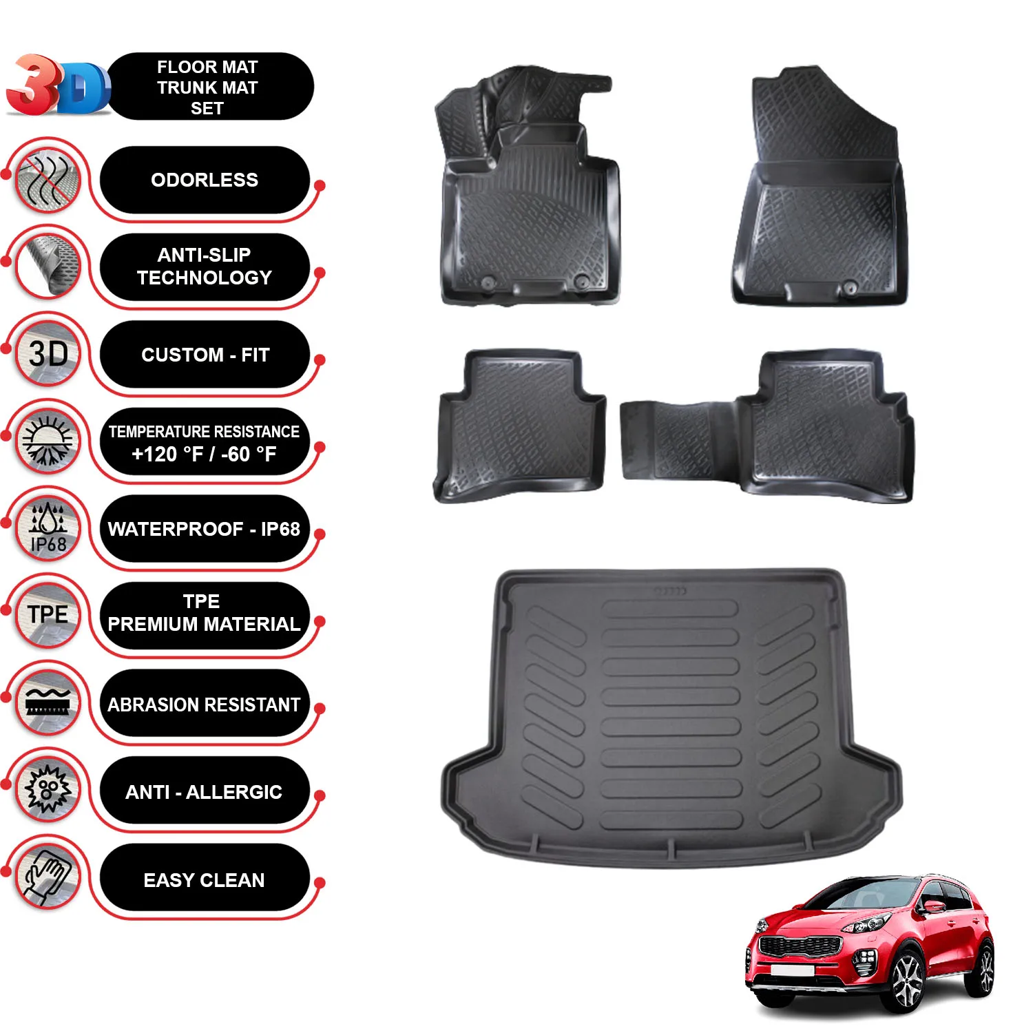 Kia Sportage - (2016-2021) - Floor Mats + Cargo Trunk Liner - SET - (Black)