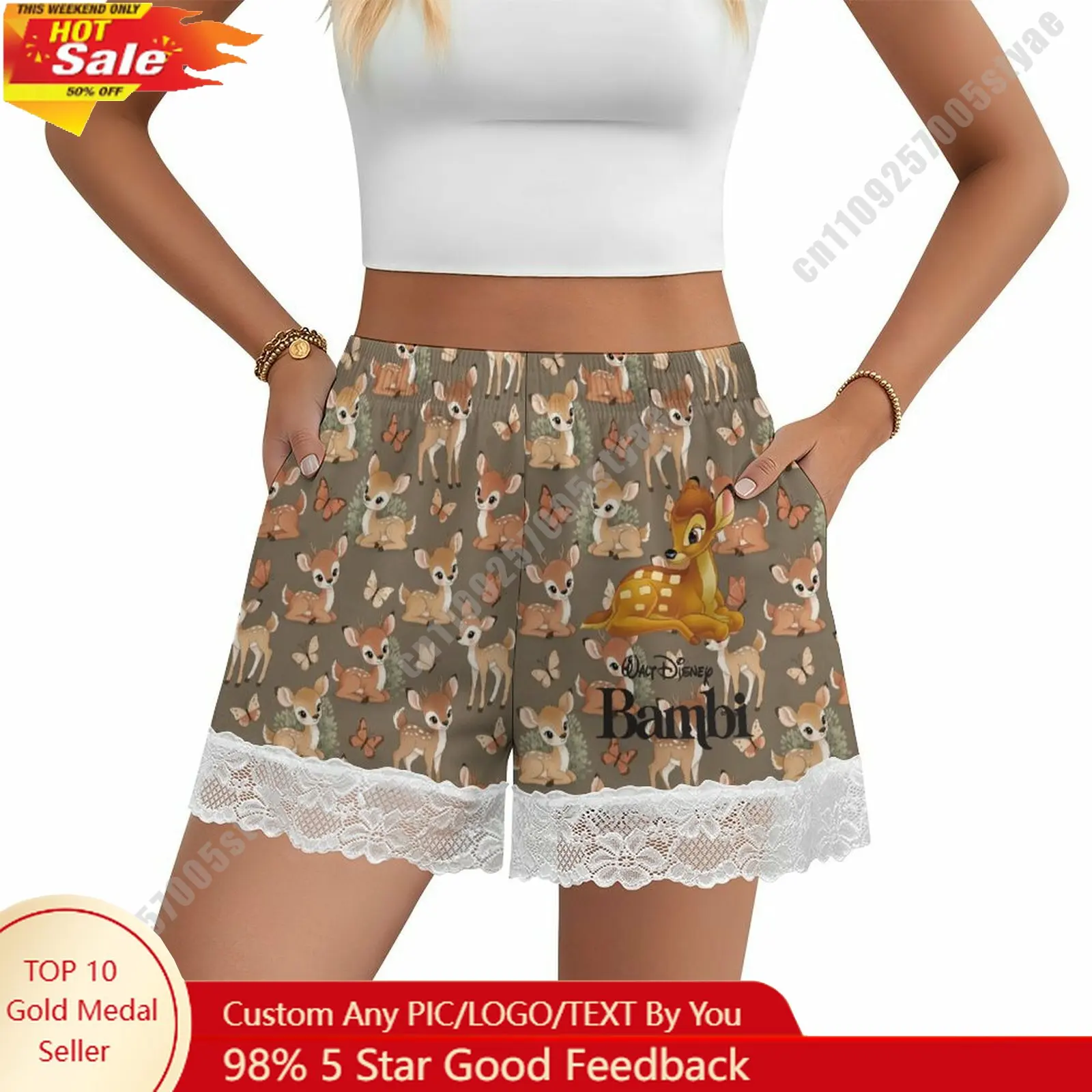 

Bambi Short Pajama Pants Disney Cartoon Women Summer Lace Trim Thin Panties Custom Loose Home Casual Shorts