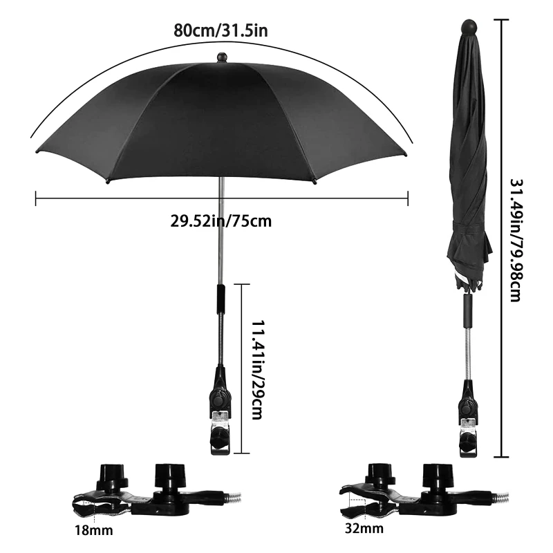 for Sun PROTECTION Pram Parasol Stroller Easy Assembled Anti-UV Umbrella Pushchair Wheelchair Outdoor Accessorie Black 80CM