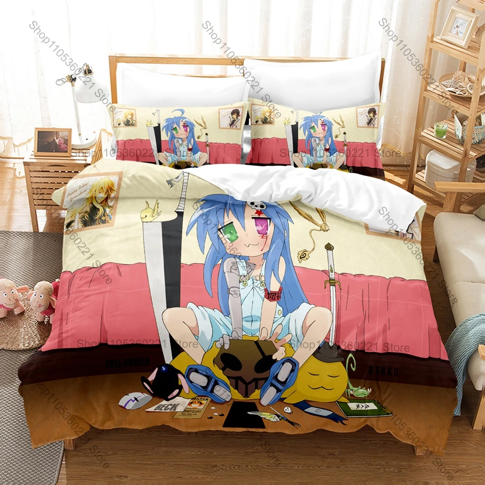 Cool Lucky Star Konata Izumi Anime Bedding Set 1 Duvet Cover + 2 Pillowcases Otaku Girl Cosplay Cute Bedroom Decor