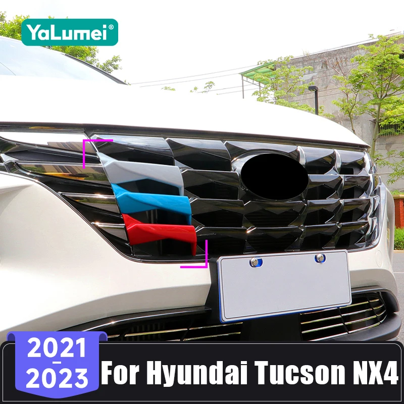 Für Hyundai Tucson NX4 Hybrid 2021 2022 2023 ABS Auto Frontgrill Mittelgitter Dreifarbige Glänzende Pailletten Dekorationsstreifen Aufkleber