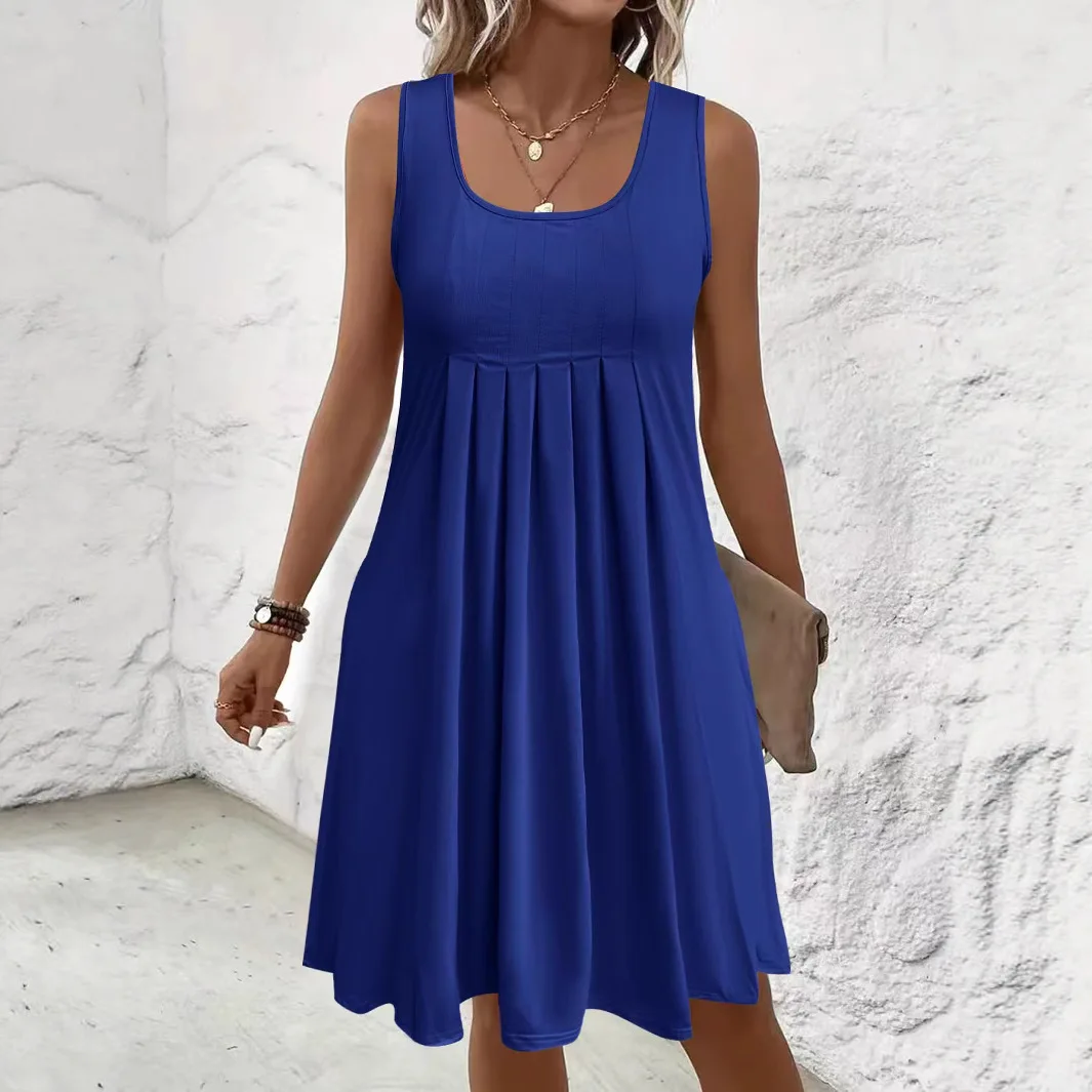

plus Size Casual Sleeve Dress Pure Color Pleated Design with Pockets A-Line Midi Dress Elegant Style Polyester Fabric