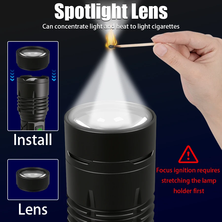 Super Bright LED Flashlight Rechargeable Tactical Zoom Spotlight Torch Outdoor Camping and Fishing Flashlight with Ignition Lens