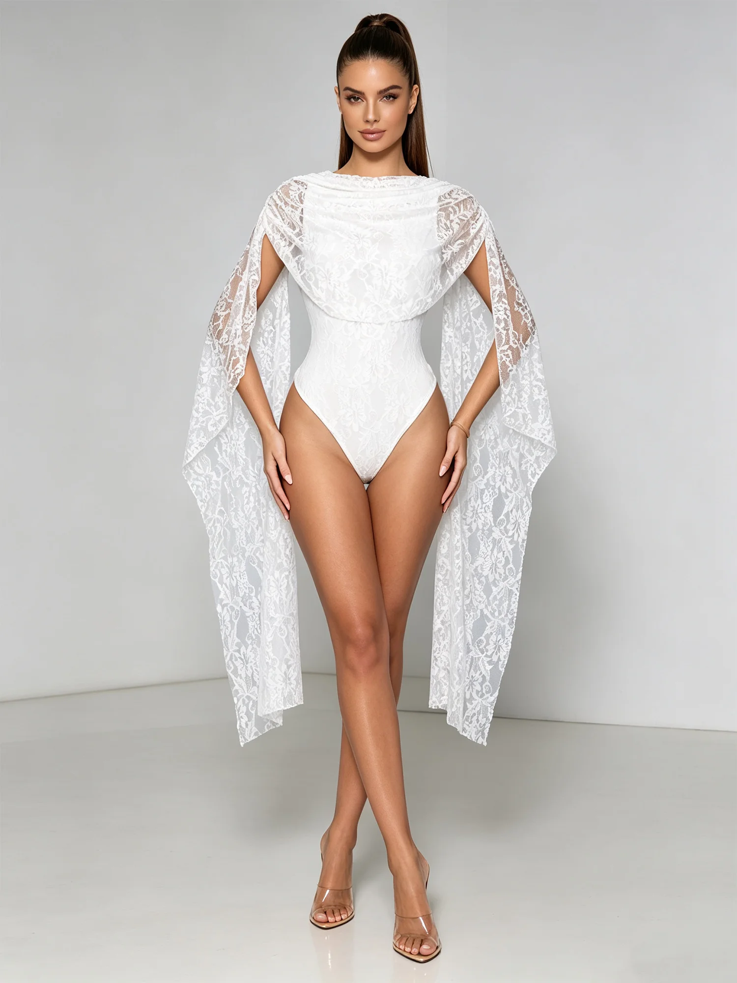 Women Lace Backless Bodysuit with Draped Sleeve Overlay Button Closure Crotch Stretchy Breathable for Dinner Party Gala