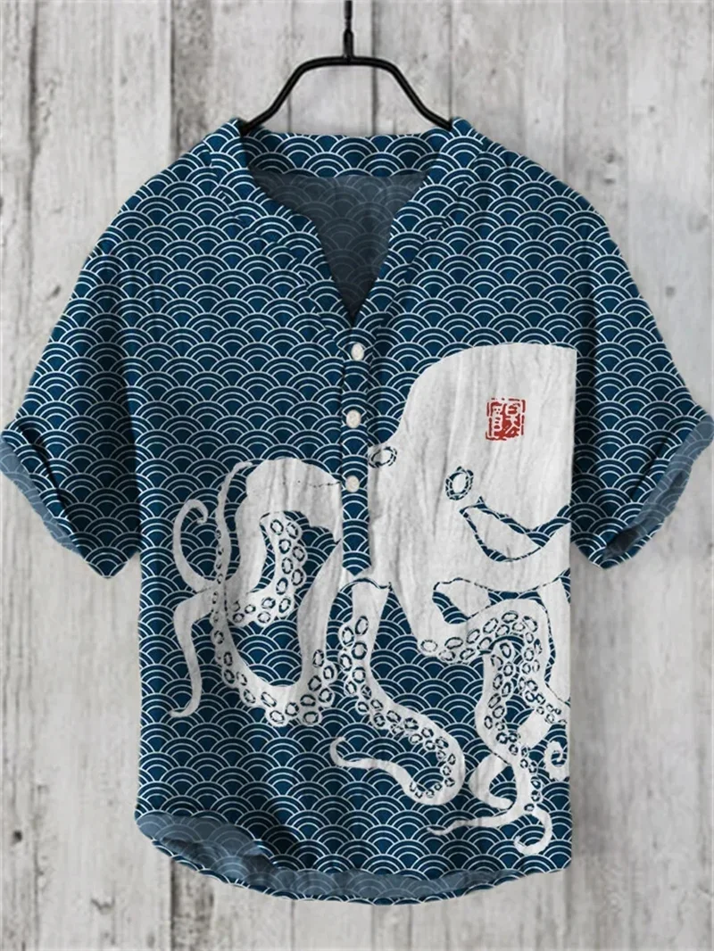 Fashion men\'s new style 100% linen summer stand collar linen men\'s Chinese style landscape painting short sleeves 2024 new