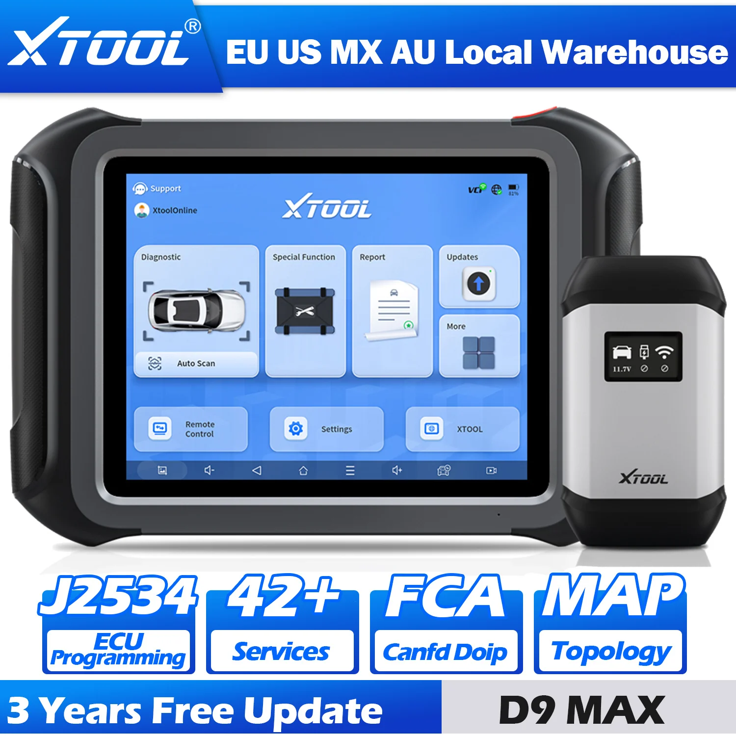 XTOOL D9 MAX Bluetooth Skaner Samochodowy J2534 Programowanie ECU D9S PRO Dwukierunkowy 45+ Resetów Mapa Topologii FCA DOIP CAN FD