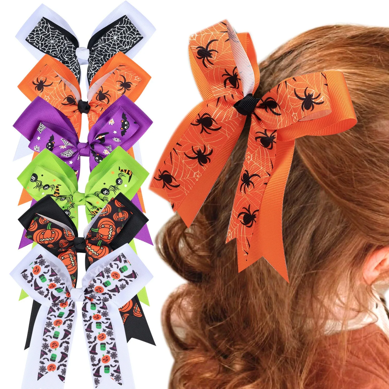 

36pc/lot Spider web Skeleton Skull Print Ribbon Bow Hair Clips Baby Long Tails Hairpin Barrette for Kid Girls Halloween Headwear