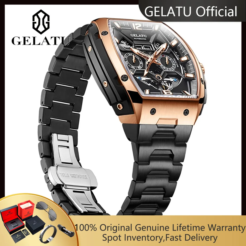 100% Original GELATU Man Watch Transparent Hollow Waterproof Luxury Fashion Square Automatic Mechanical Wrist Watch for Men 6013
