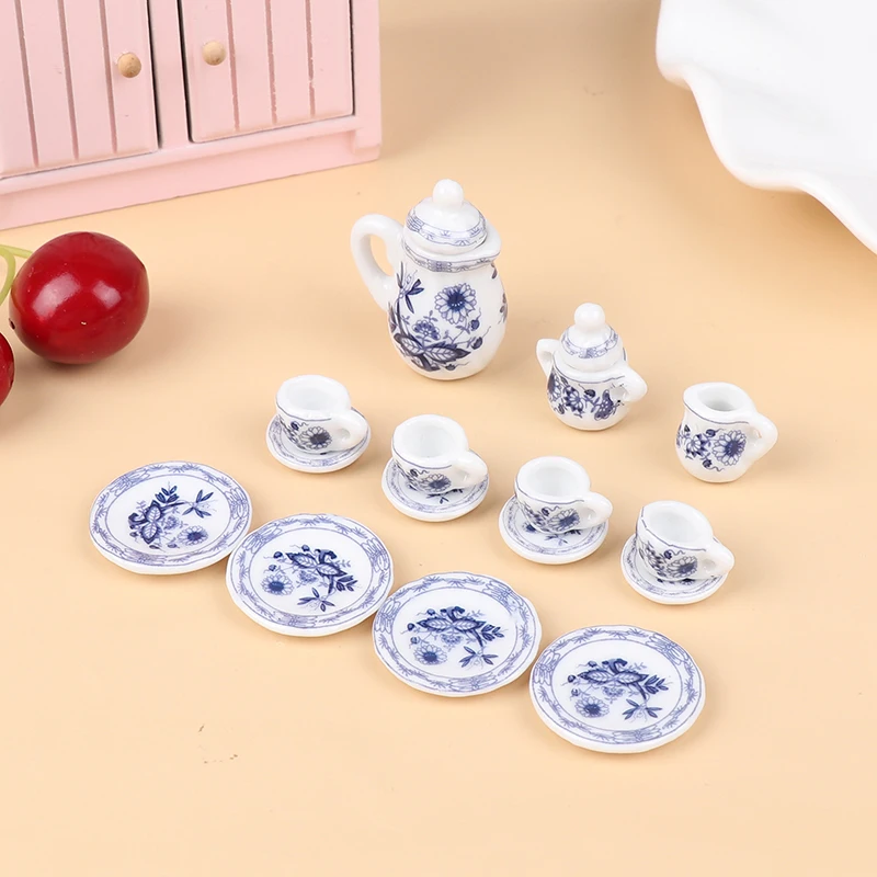 

1Set 1:12 Dollhouse Miniature Porcelain Ceramic Tea Cup Set Mini Tableware Teapot Tea Cups Model Dollhouse Kitchen Scene Decor