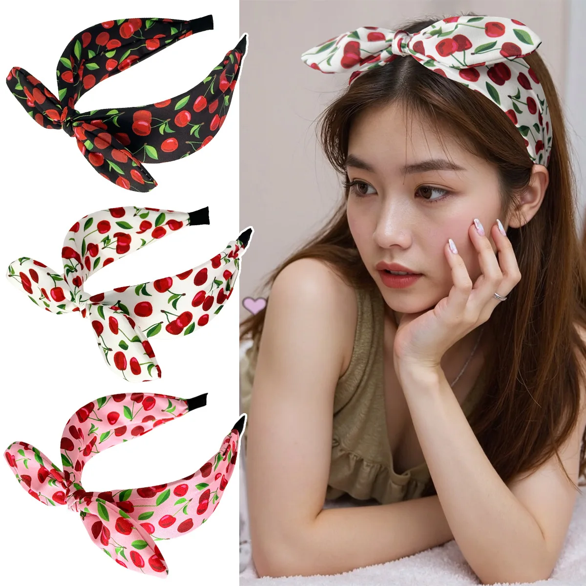 

1pc Cherry Print Bow Headband Wide Bunny Ear Hair Hoop for Women Sweet Cute Daily Outing Non Slip Fashion Accessory