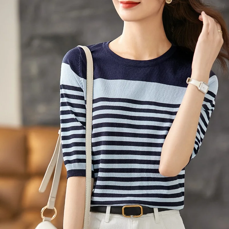 

Contrast Striped Knitted 2024 Spring New Pullover Round Neck Patchwork Fashionable and Casual Elegant Loose 5/4 Sleeve Tops