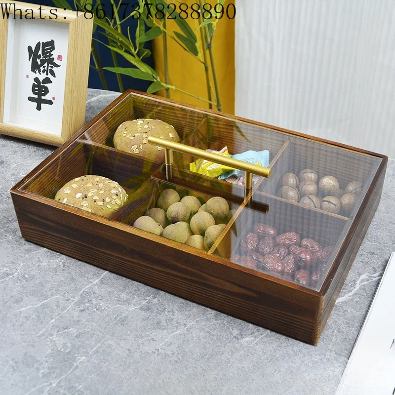 Simple wooden household desktop dried fruit peanut compartment storage box solid wood candy acrylic cover storage wooden box