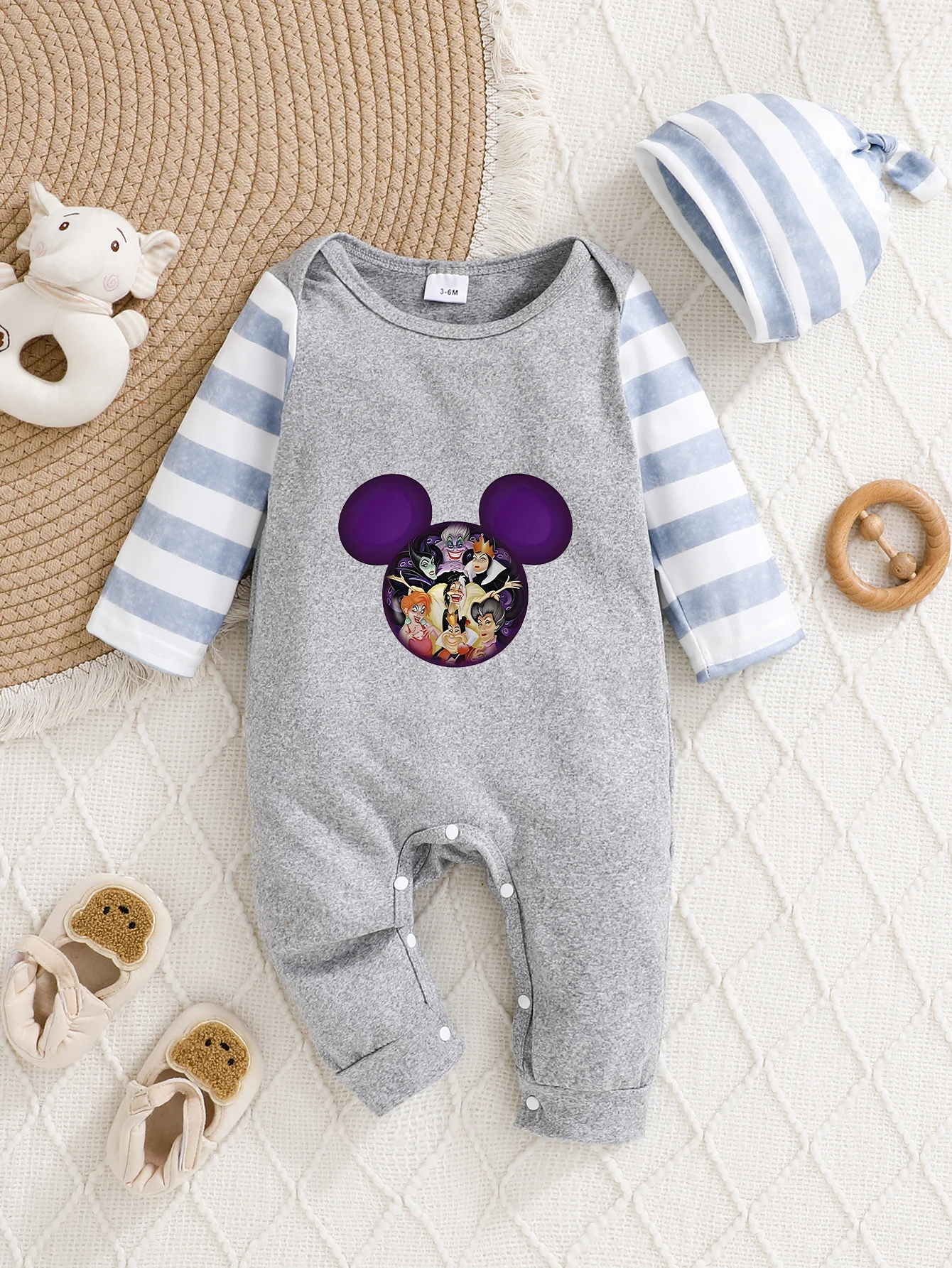 

【Officially Authorized】 Disney "Villains" Baby Hooded Jumpsuit: Mickey Ears Collage Striped Raglan Sleeve Print