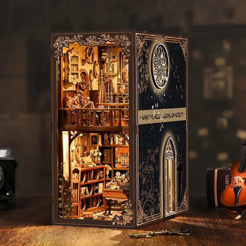 Kit de modelo en miniatura de madera para rincón de libros, caja oscura, estuche misterioso, sujetalibros, rompecabezas 3D con estantería ligera para amigos, regalo de cumpleaños