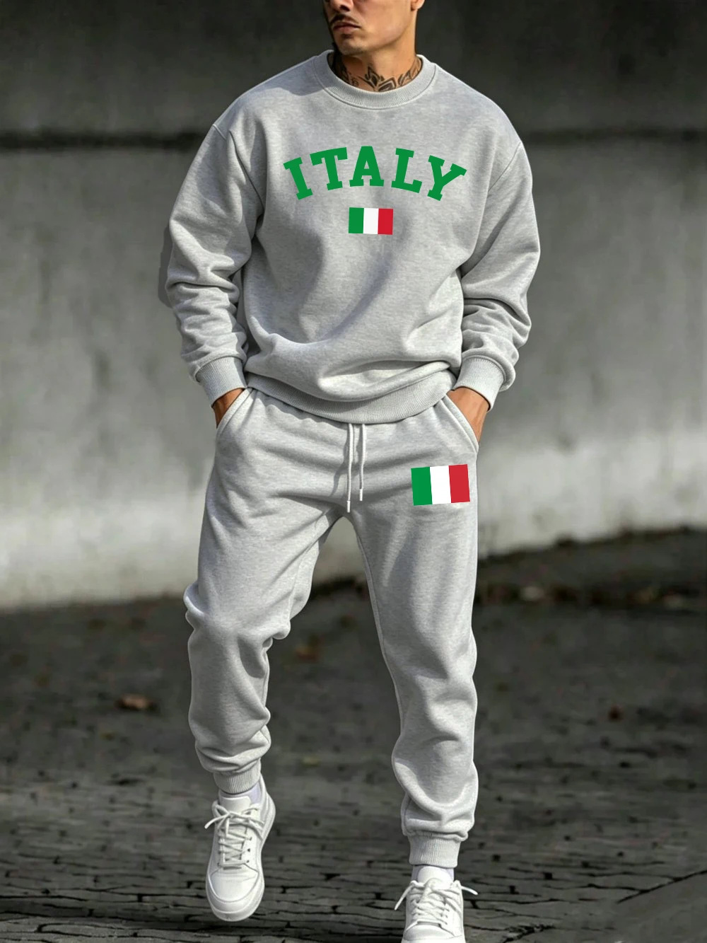 2 Pcs Pullover Set Mens Italy Flag Letter Printing Sweatpants Casual Loose Fleece Warm Hoody Sporty Pants Winter Pocket Clothes view 3