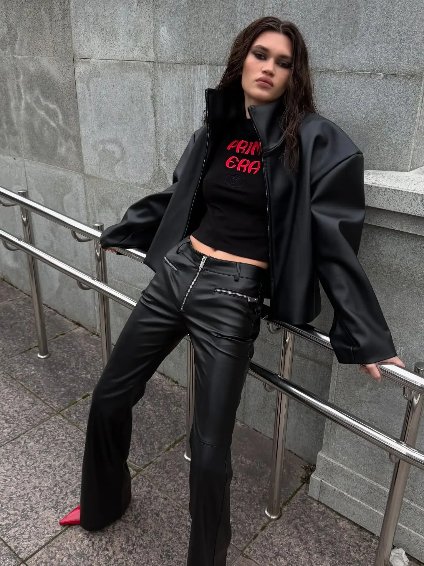 Cropped Faux Leather Jacket High Stand Collar Full Zip Up Shoulder Pad Loose Long Sleeve Coats Women Casual Autumn Winter Coat