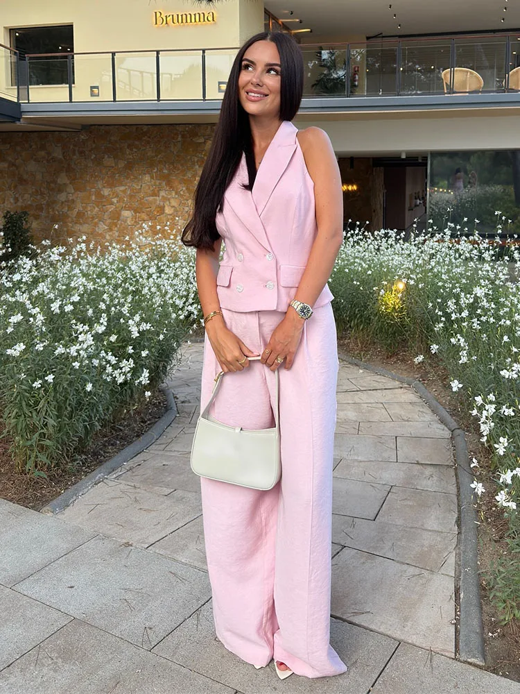 

TRAFZA Women's Pant Suits Pink V-Neck Sleeveless Backless Double-Breasted Short Top+High Waist Pocket Zipper Loose Long Pants