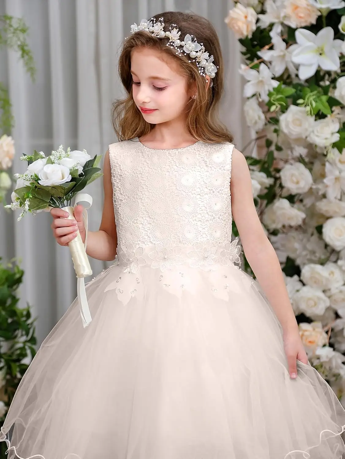 Vestido de menina de flor com renda chiffon, vestido de formatura de dança de aniversário de princesa, vestido fofo de comunhão sem mangas com laço para idades de 2 a 13 anos