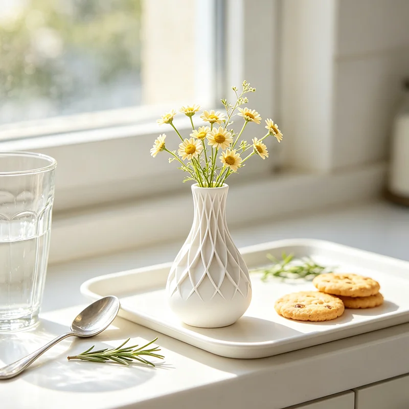 White Geometric Lattice 3D Printed Vase Modern Desktop Flower Vase Small Dry Flower Container Tabletop Ornament for Office