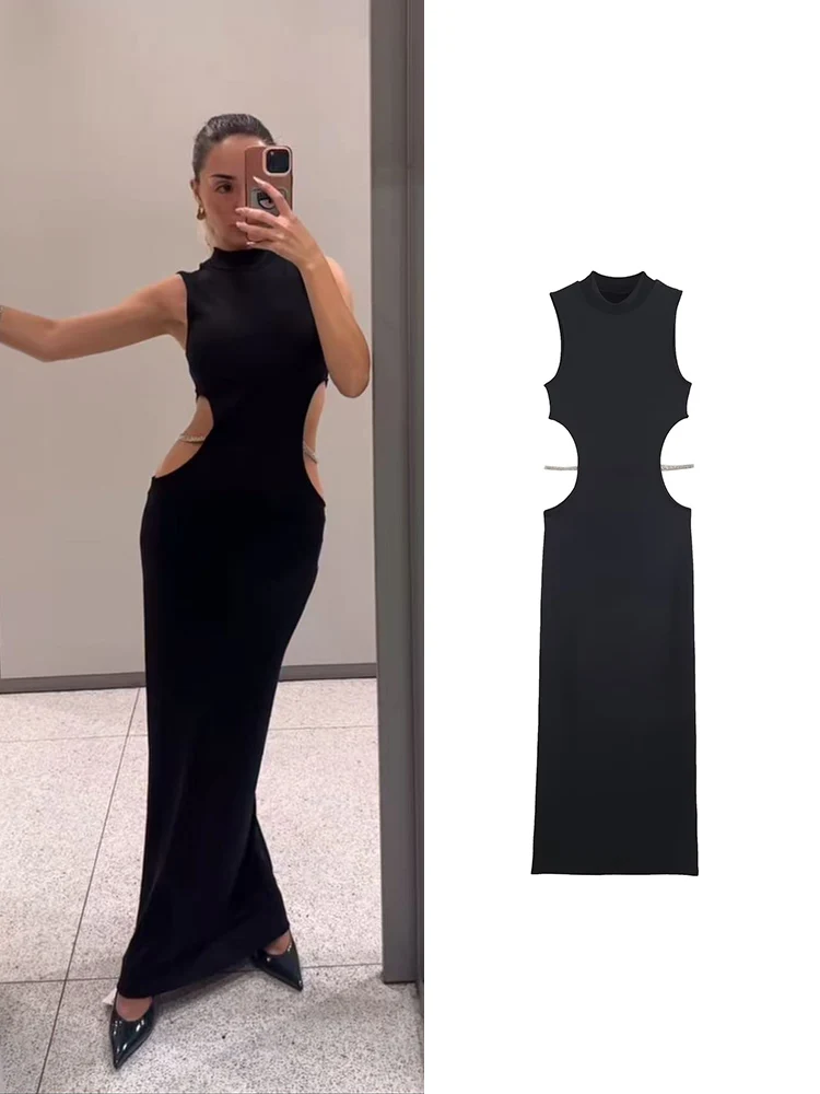 TFMLN Summer New Women Fashion Maxi Dress Hollow Out Beading Decoation Dress Vintage Half High Collar Chic Party Dresses