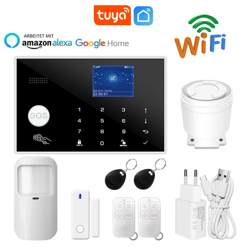 

Tuya Graffiti Intelligent Wifi GSM Household Burglar Security Alarm Kit Touch Key RFID Card Anti-theft Temperature and Humidity