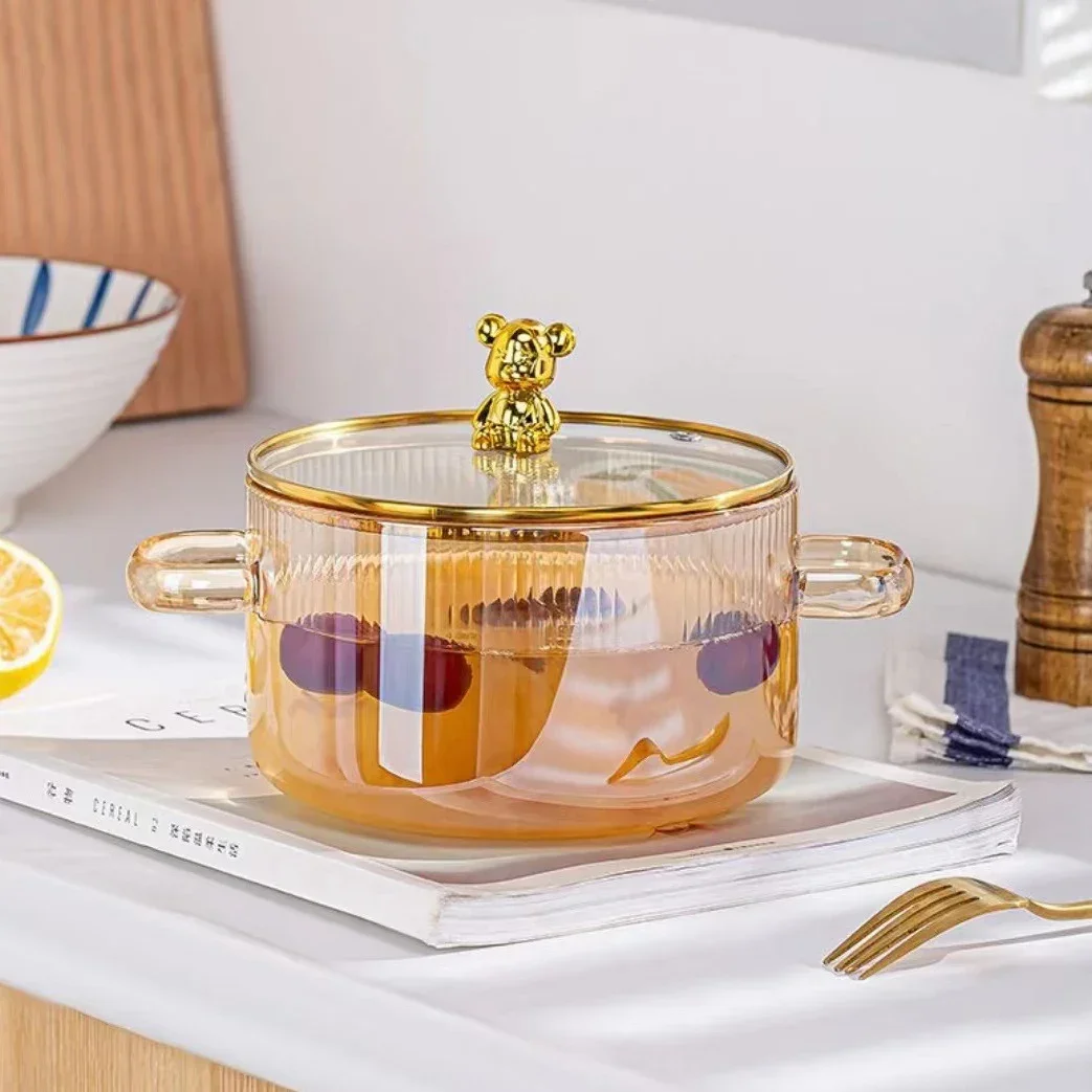 

Glass Saucepan Small Bear Glass Soup Boiler Stove Cooking Pot With lid Heatproof Amphora Instant Noodle Pot Saucepan Kitchenwar