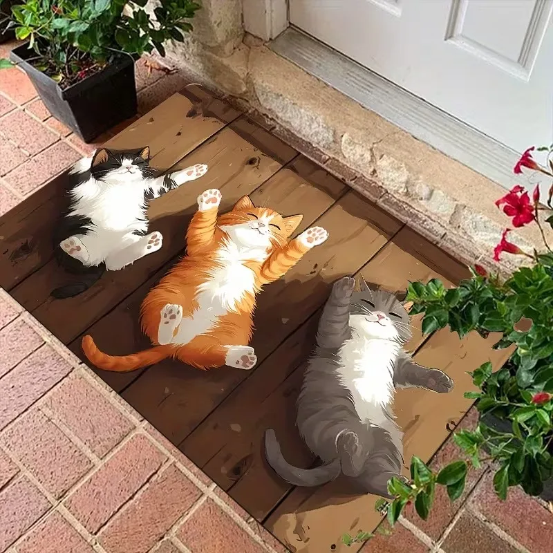 Funny Lazy Sleeping Kitten Doormat Wood Grain Background Cartoon Cat Welcome Floor Rug Cute Animal Entrance Mat for Indoor