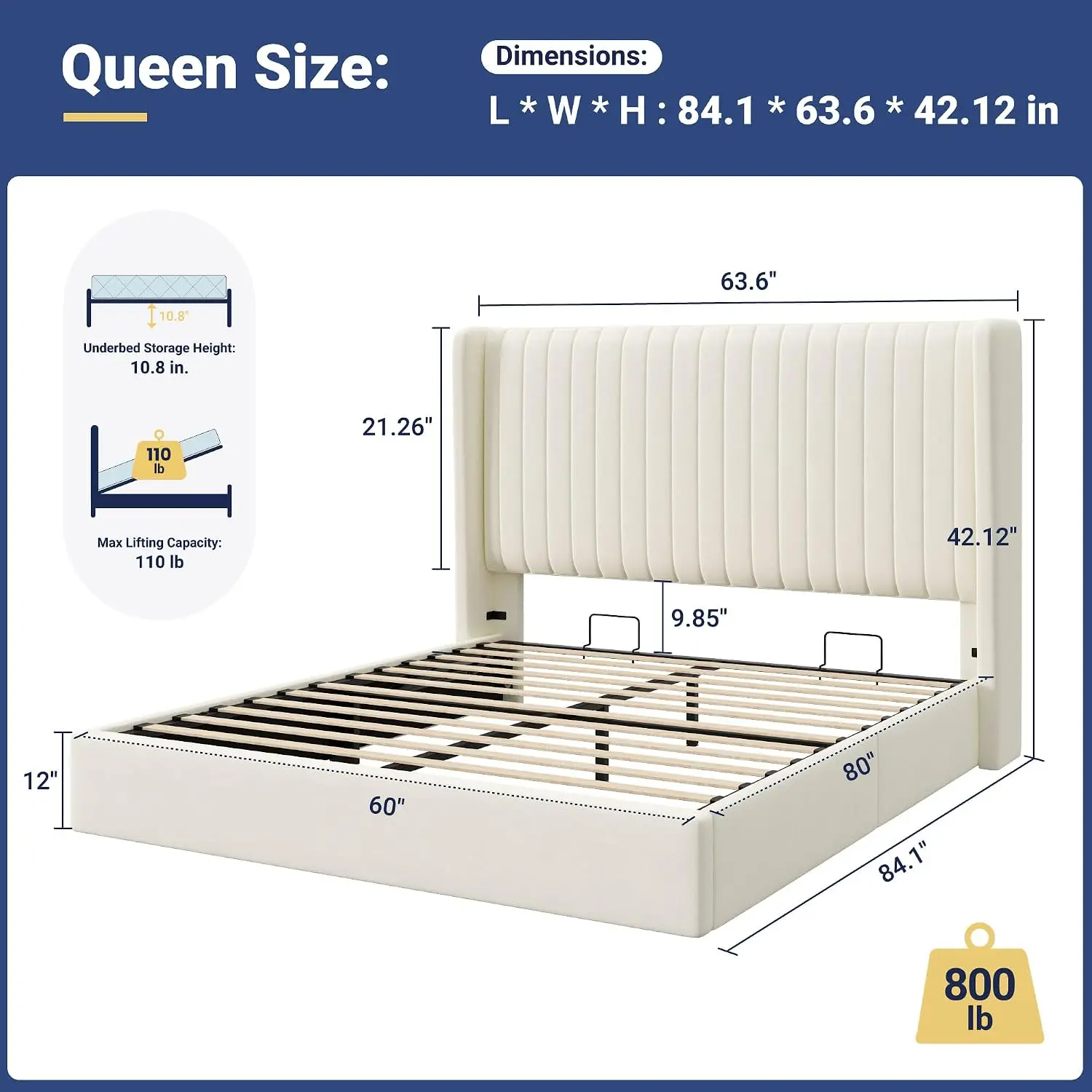 Queen Size Lift Up Storage Bed Frame Channel Tufted Headboard Cream | Hydraulic Support System,Upholstered Platform, Customized - view 2