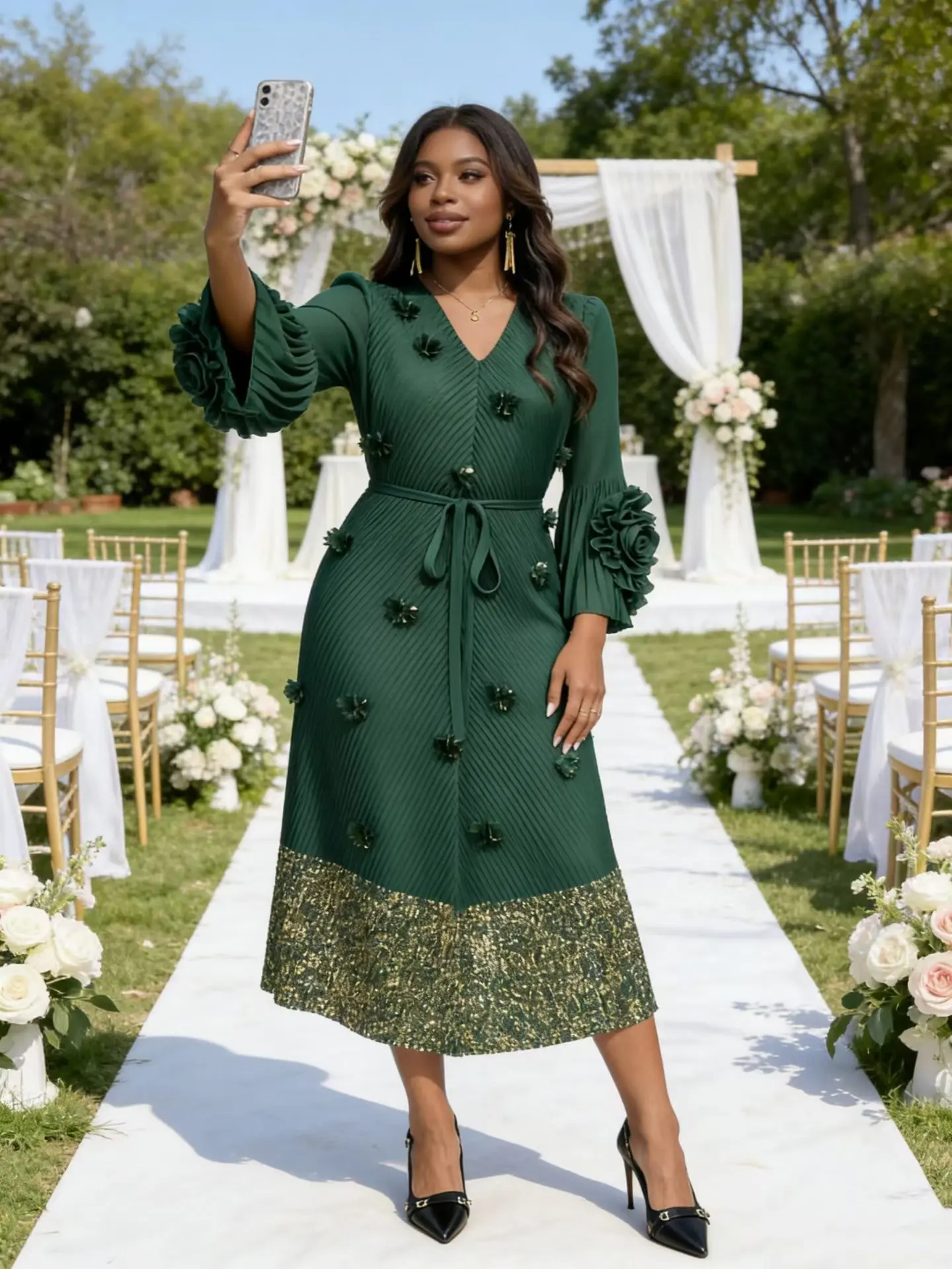 EGRM Fashionable 2026 New Long Sleeve Midi Dress Applique Design Dragon Scales Pleats Commuter Style V Neck Ankle Length 9R1603