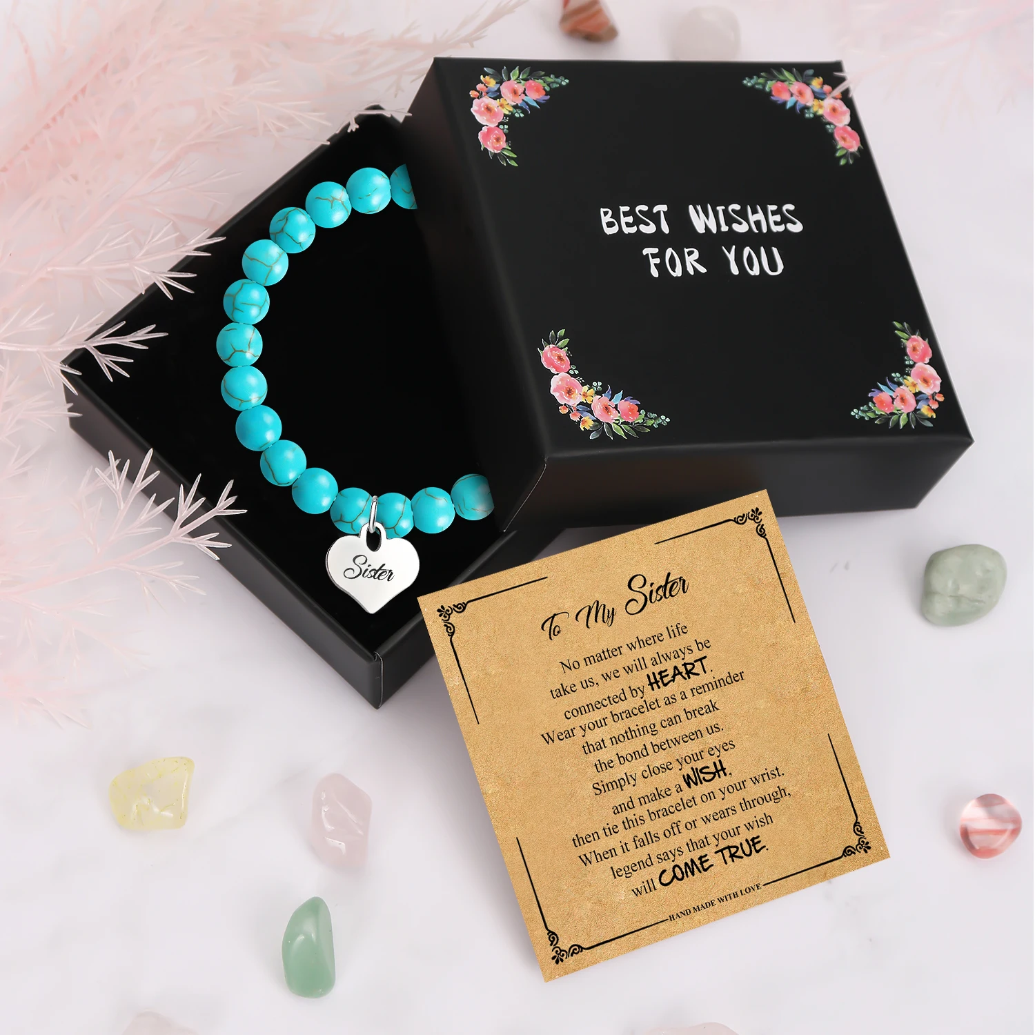 1PC Unique Christmas Gifts for Sister,Exquisite Heart Shape Bracelet with Gift Box&Blessing Card,Ideal Birthday Gifts for Sister