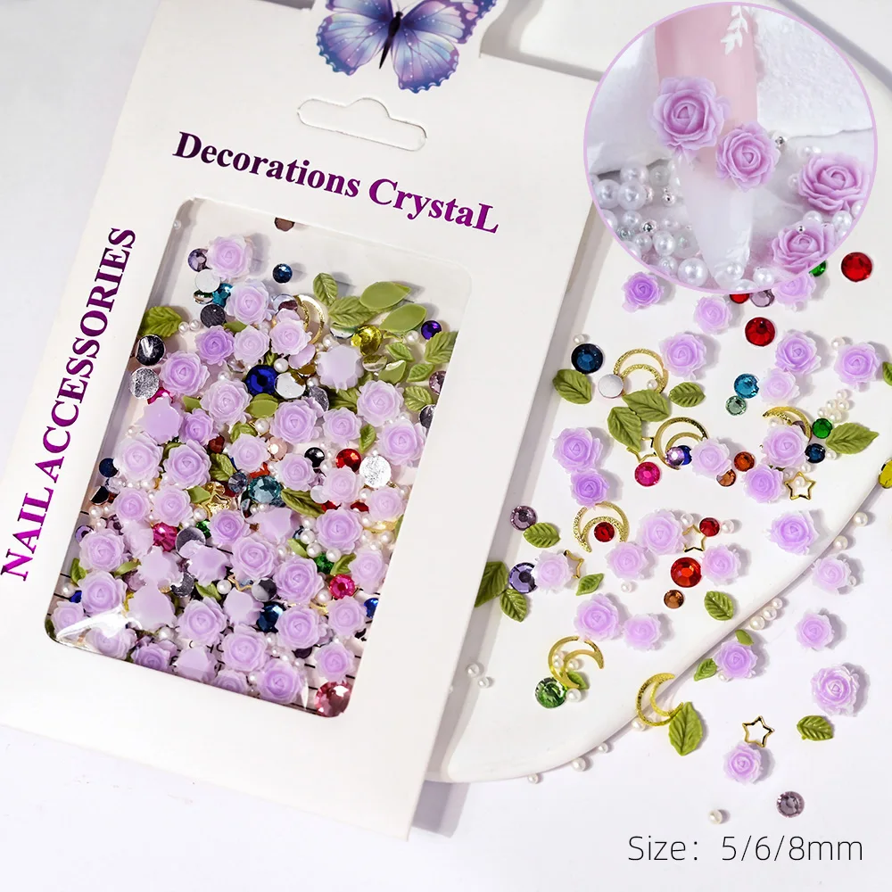 10g/Bag Rose Flower 3D Nail Charms Colorful Resin Gradient Rose Nail Decor Mixed Size Nail Rhinestone DIY Manicure Accessories