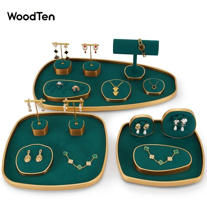 

WoodTen Newly Green Jewelry Display Props Set Metal Display Stand Microfiber Watch Stand Earring Ring Bracelet Organizer Trays