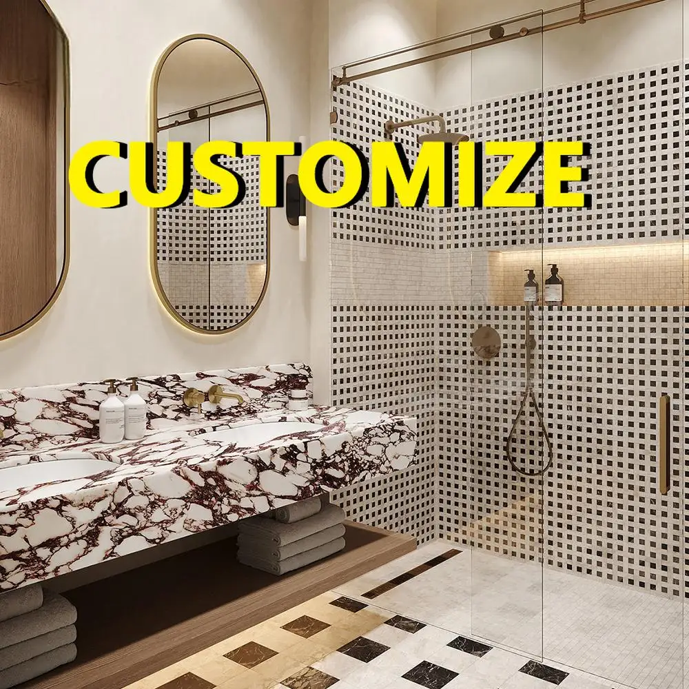 Any Size Custom Modern Minimal Natural Marble Double Sink Countertop Seamless Integrat Design Multi Stone Home Bathroom Fixtures