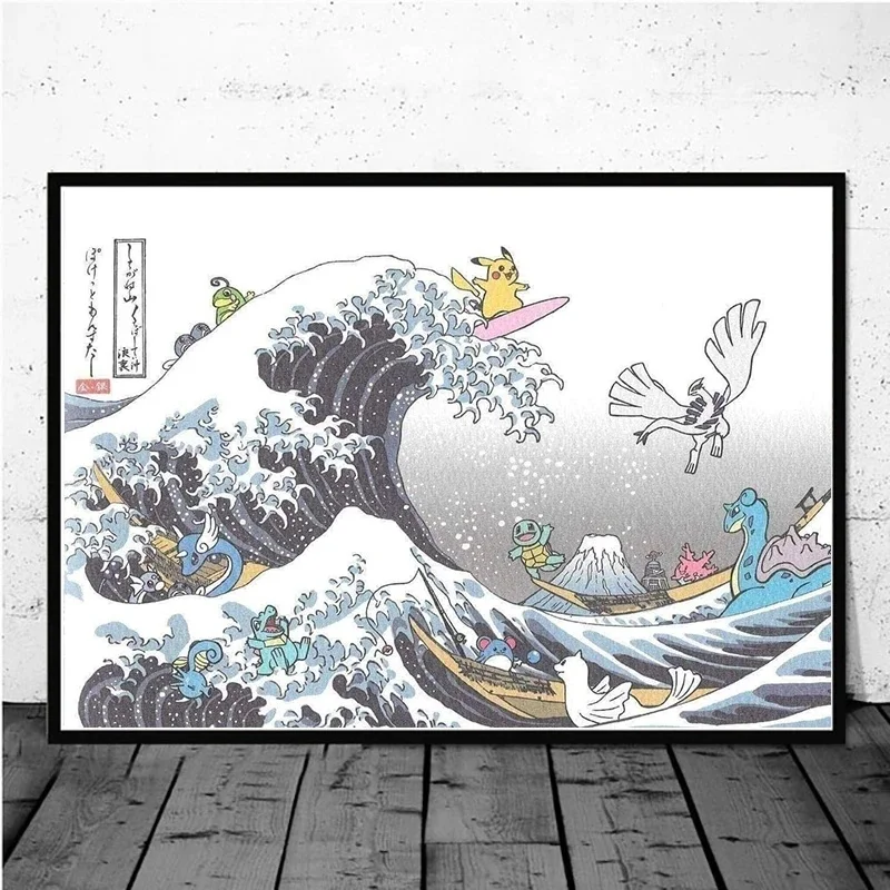 Pokemon Pikachu Great Wave Kanagawa Painting Canvas Painting Comic Posters and Prints Cuadros Wall Art Picture Living Room Decor