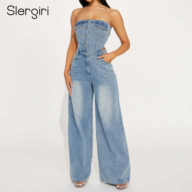 

Slergiri Women's Button Front Wasit Cutout Denim Tube Jumpsuit 2025 Streetwear Sexy High Waist Slim Straight Wide Leg Jumpsuits