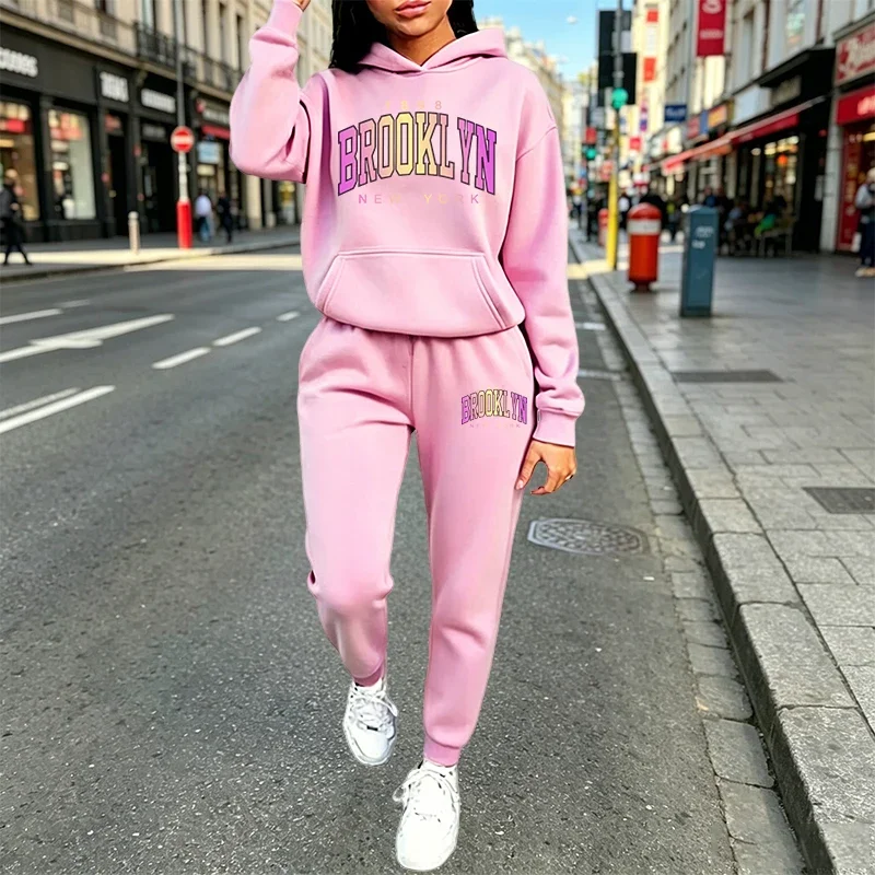 Casual Women's Outfits Print Hooded Sweatshirt 2 Pcs Suit Daily Sports Jogging Sportswear Clothing AutumnWinter Woman Pants Sets