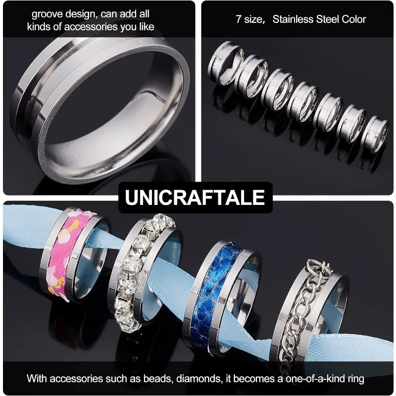 21pcs 7 Size Blank Ring Stainless Steel Finger Ring Grooved Core Inlay Ring for Resin Round Empty Ring Blanks for Jewelry Making