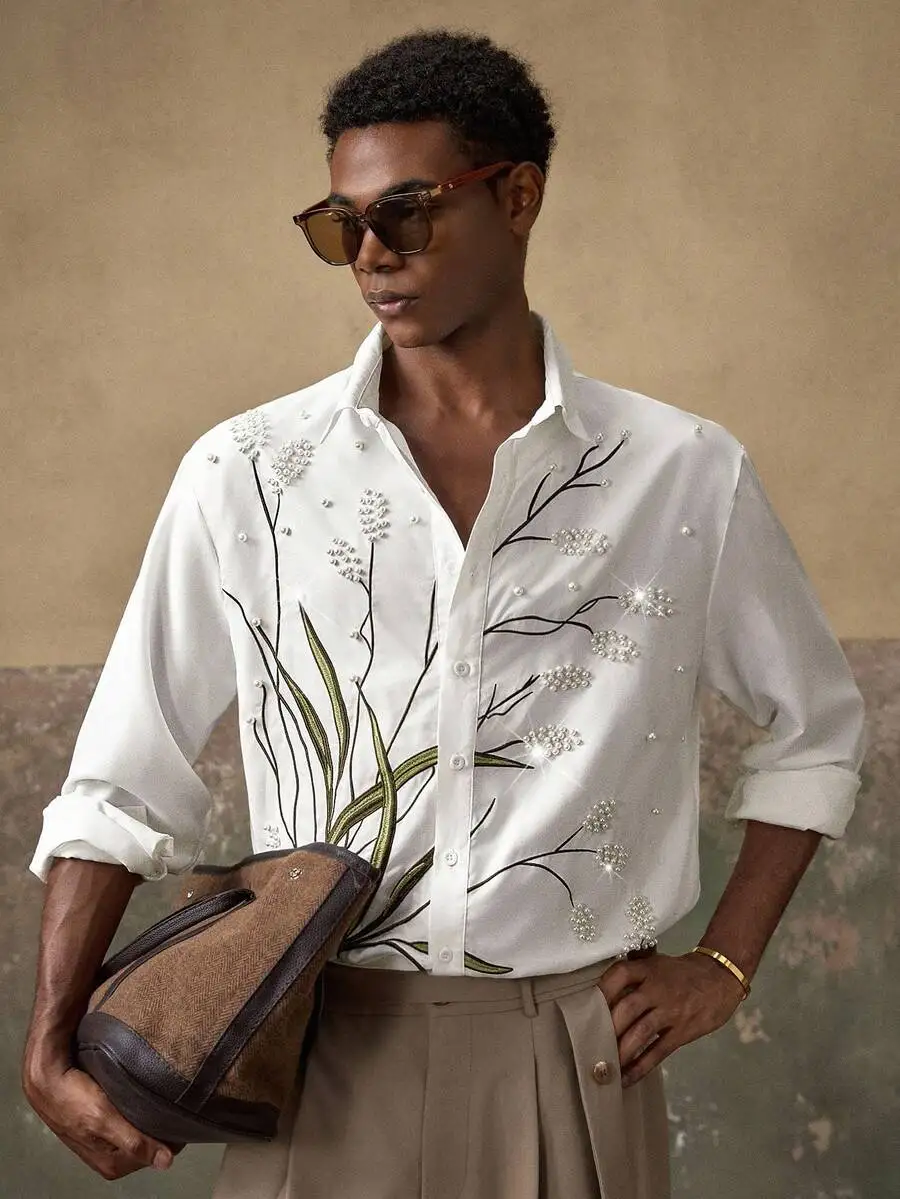 

Men's White Long Sleeve Shirt with Floral Pearl Embroidery, Elegant Casual Design