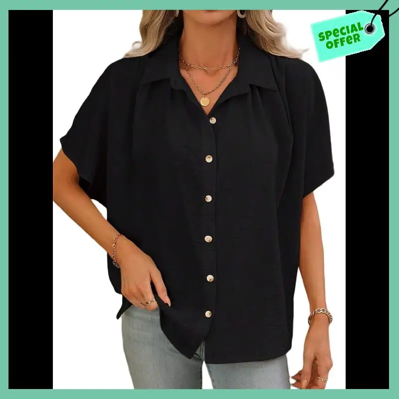 

Sturdy Women's Classic-Fit Button Down Casual Blouses Short Sleeve Beach Vacation Hawaiian T Shirts