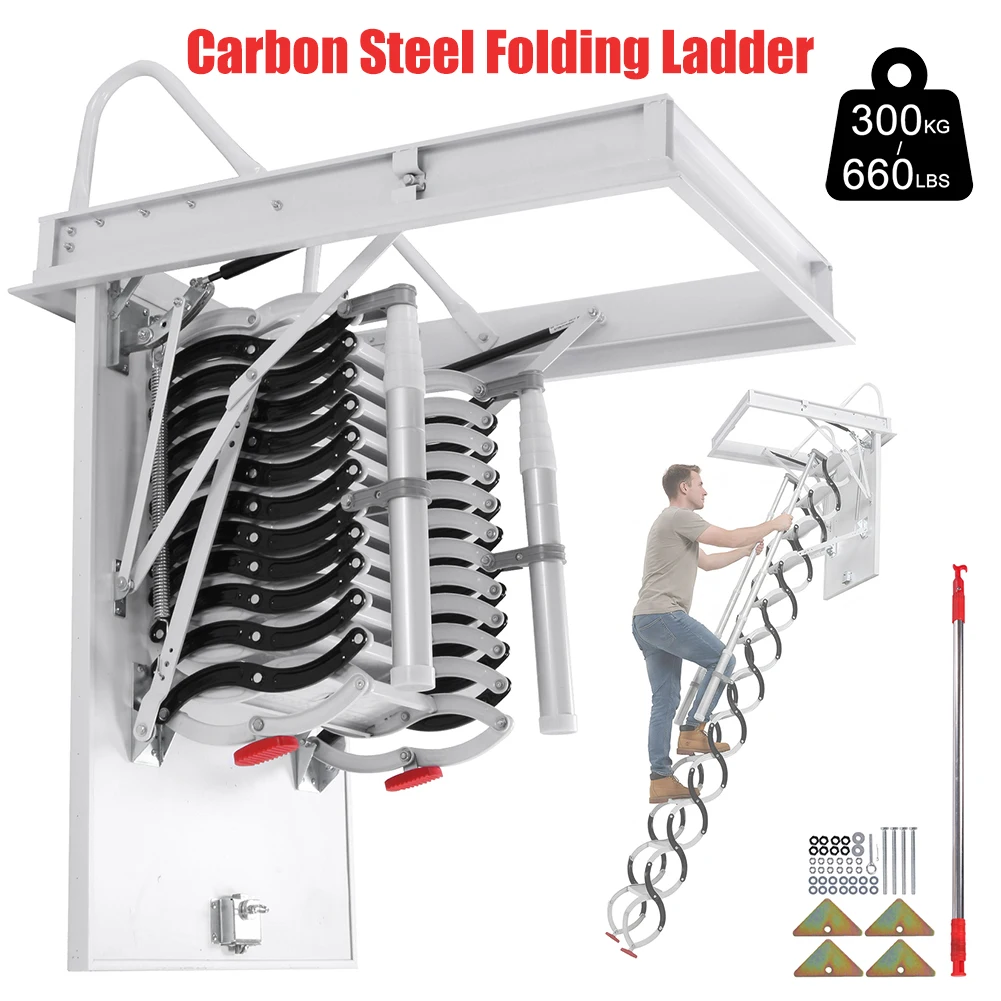 

Fold Armrests Attic Steps with Handrails Space-Saving Collapsible Stair 660LBS Capacity Pull Down System For Home Duplex Villas