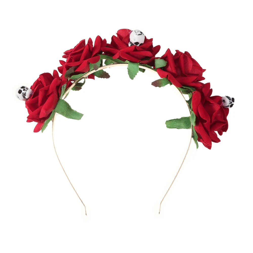 AWAYTR Halloween Red Rose Skull Hair Band Garland Wedding Hairhoop Cosplay Party Flannel Flowers Hair Crown Headband Festival