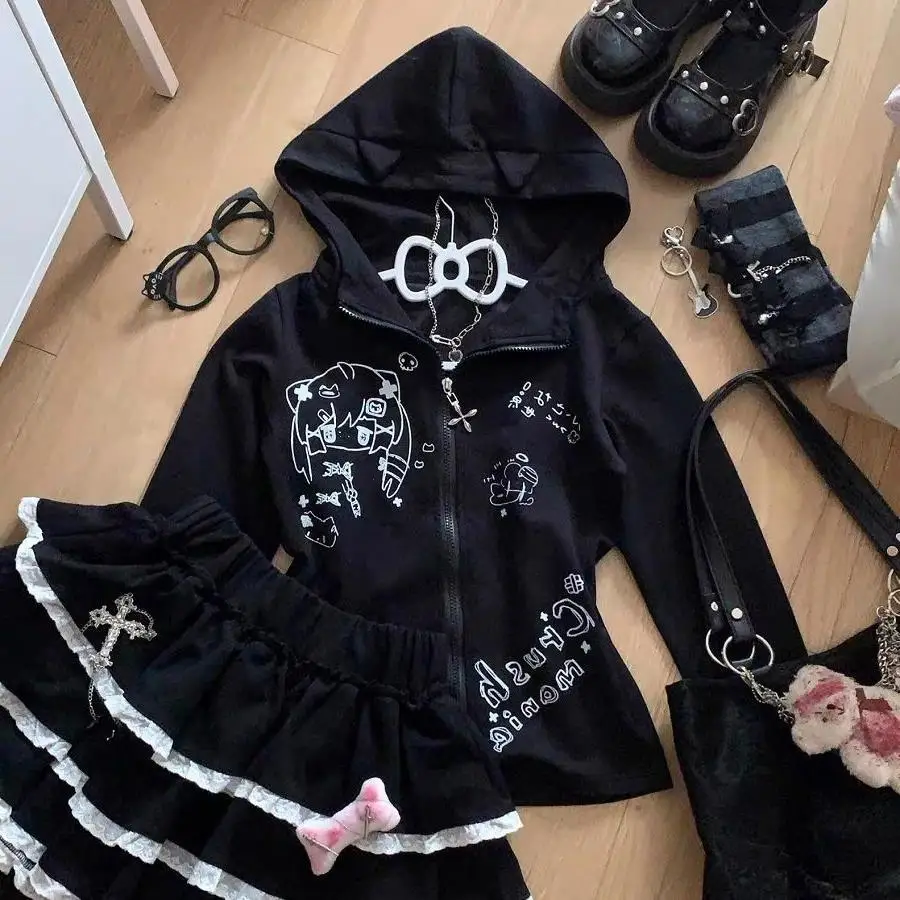 سويت شيرت بقلنسوة بأكمام طويلة للفتيات في الخريف والشتاء سترة صوفية بسحاب على الطراز الكوري العصري لتعديل الجسم