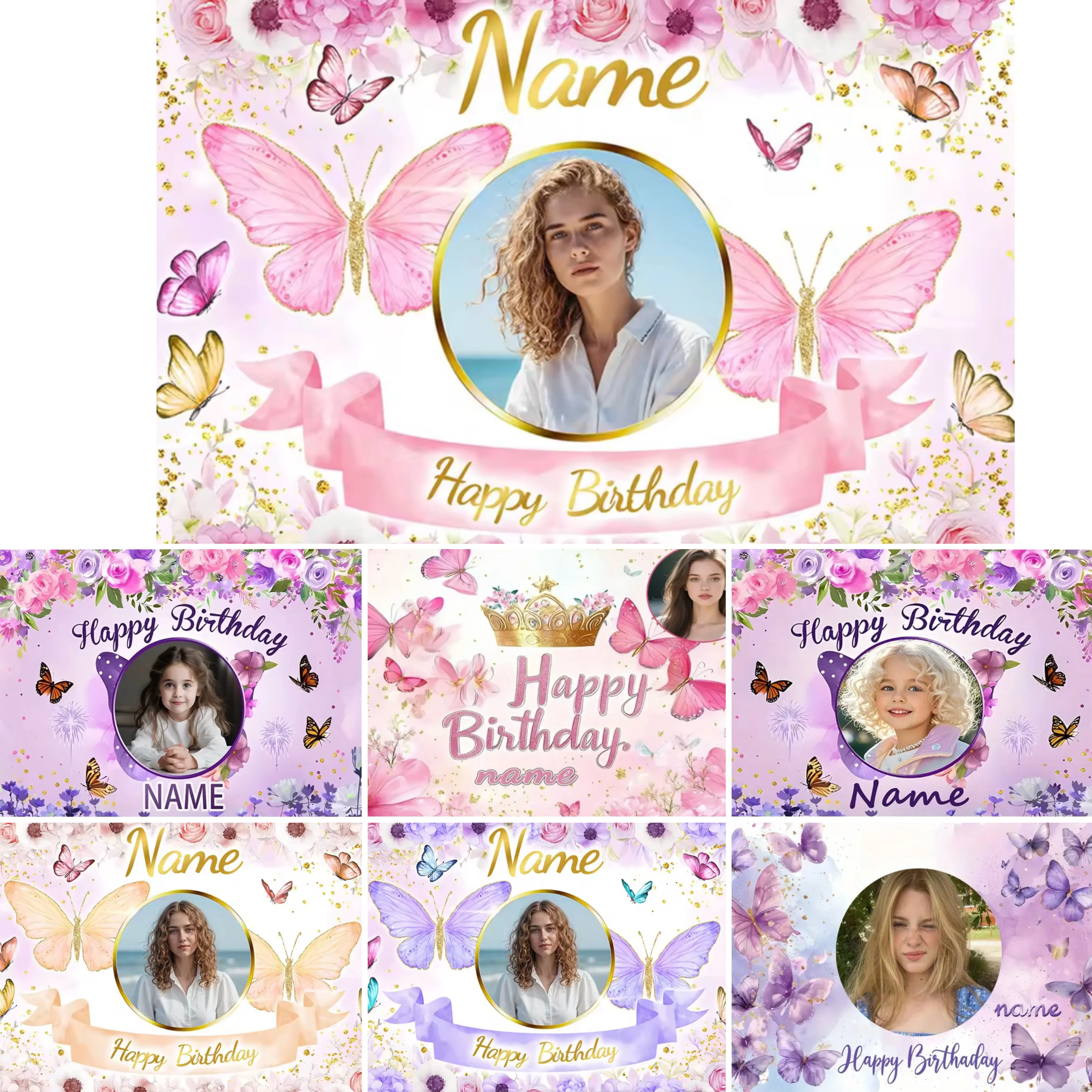 

Customized Butterfly and Flower Backdrop Party Decor Banner Customized Photo Name Specially Birthday Party Wall Decor Backdrop