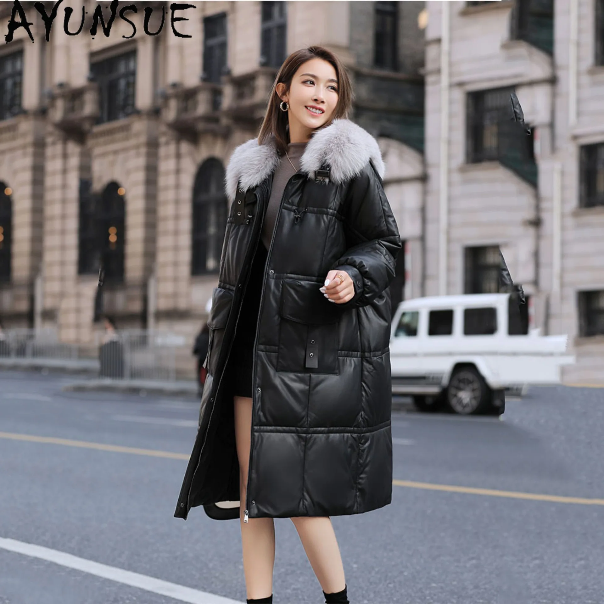 AYUNSUE 本革ダウンジャケットの女性の冬服キツネの毛皮の襟ミッドレングスシープスキンダウンコート女性新 Jaqueta Couro