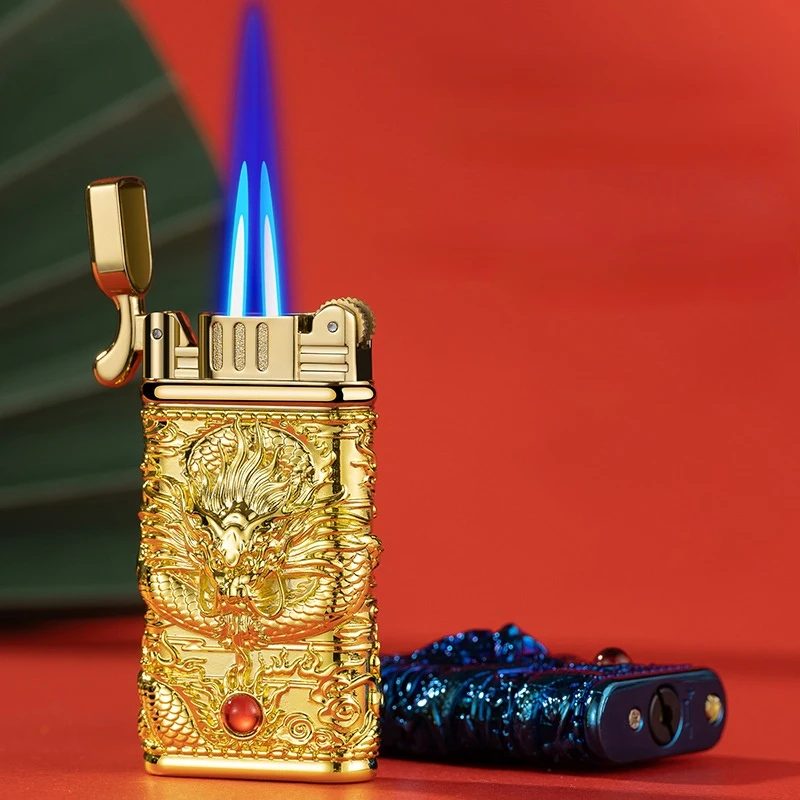 Creative Dragon Embossed Metal Cigar Lighter Grinding Wheel Ignition Gas Lighters Windproof Double Flame Turbo Jet Torch Lighter