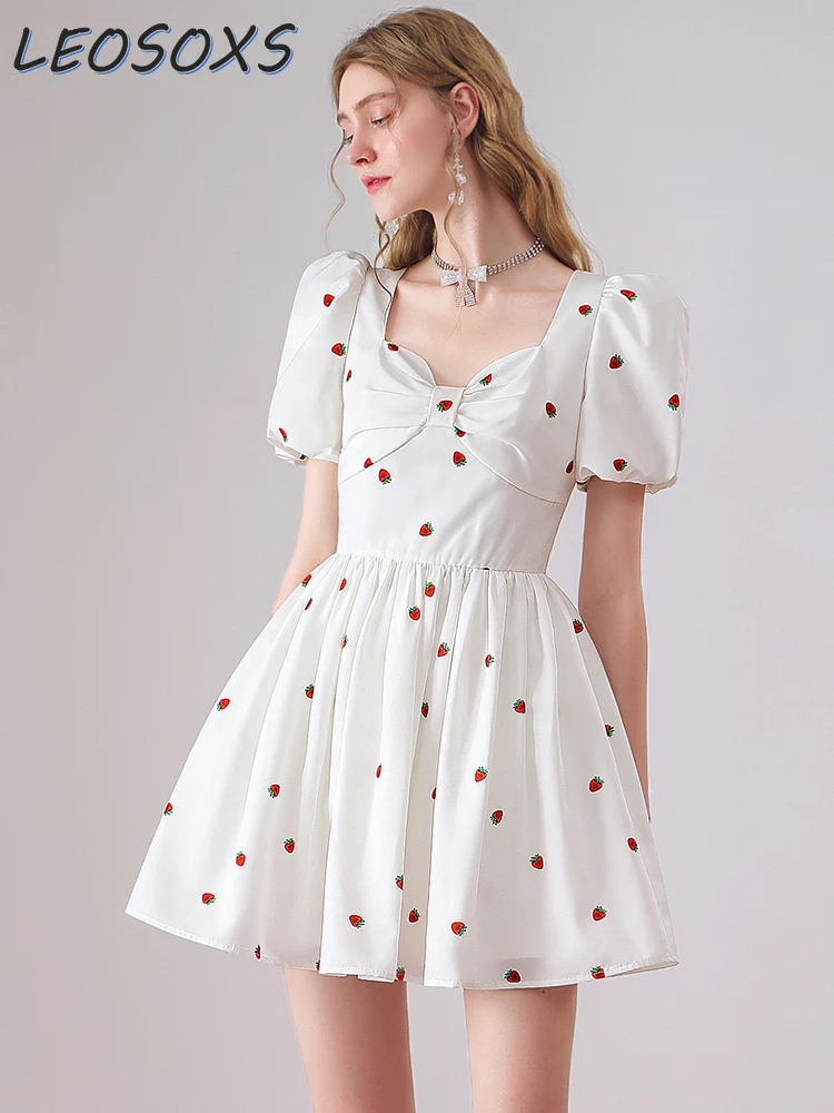 French Sweet Strawberry Printed Short Sleeve Dress Women 2024 Summer New Sweet Cute Girl Artistic White Dress Vestidos Elegantes