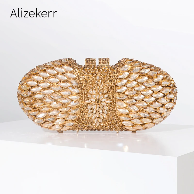 

Bling Crystal Evening Gold Clutch Bags Boutique Unique Oval Shaped Metallic Rhinestone Purses And Handbags Bridal Wedding Party