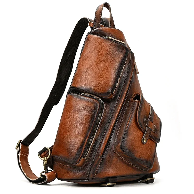 New Fashion Men\'s Leather Single Shoulder Backpack Real Cowskin Chest Bag Crossbody Bag Backpacks For Man Male Anti Theft Men