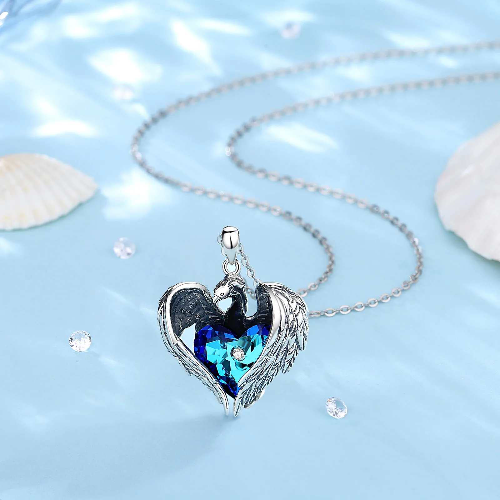 Eudora 925 Sterling Silver Vintage Phoenix Necklace Blue Austrian Crystal Heart Pendant Women Fashion Jewelry Exquisite Gift